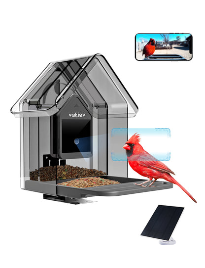 Vakiav Outdoor Wireless Smart Bird Feeder with Camera, 100M Cloud Storage, 5W Solar Panel, Real-time Wild Bird View, App Notifications, Auto Bird Video Capture, Stylish Design.