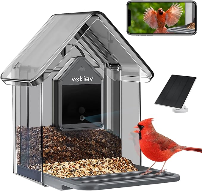 Vakiav Smart Bird Feeder with Camera Free Storage and Reply,Vakiav Free AI Identify,Smart Bird Feeder with Cam,Auto Capture Bird Video,Stylish Appearance,with Solar Panel(Only Support 2.4G WiFi)