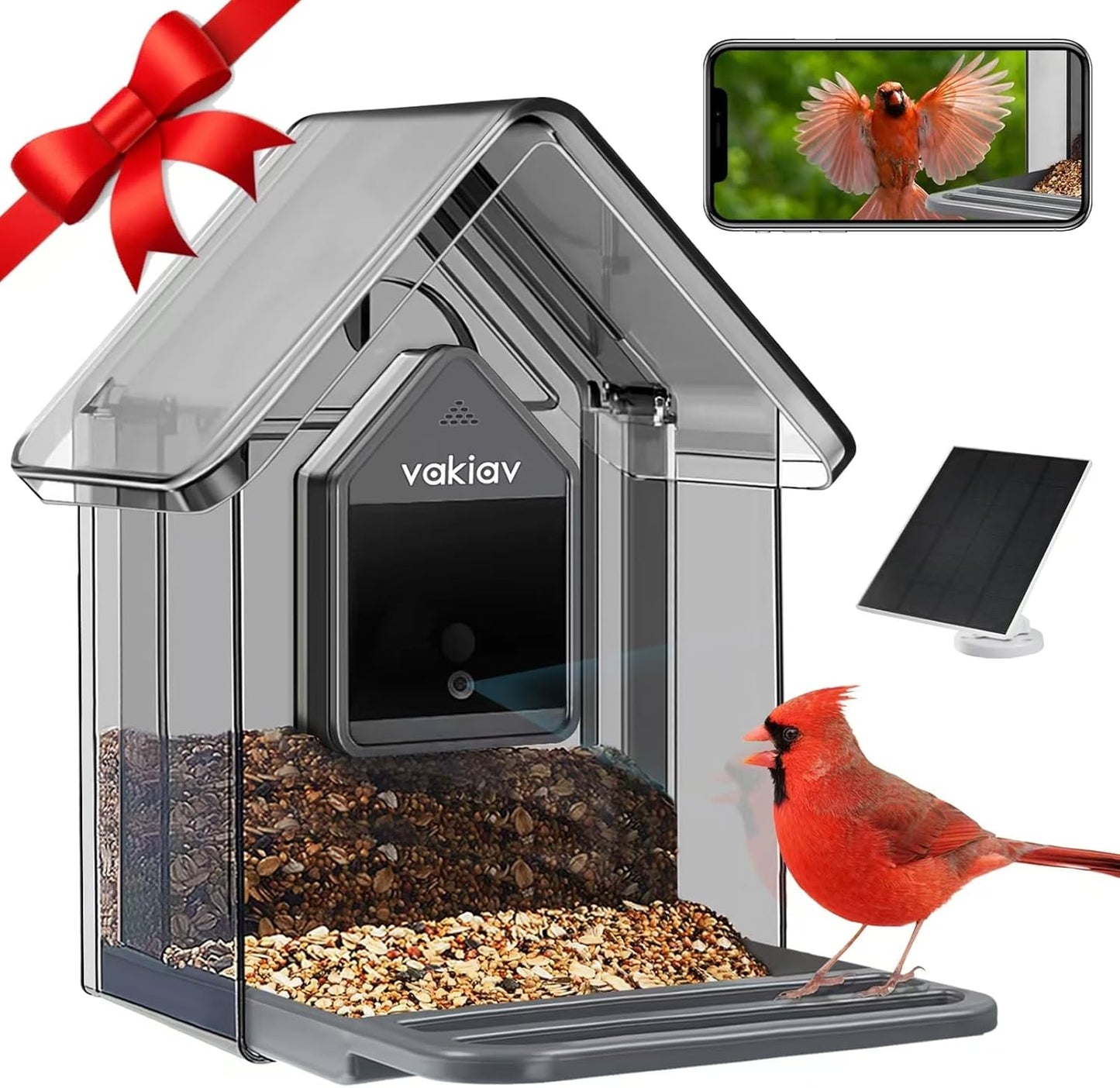 Vakiav Outdoor Wireless Smart Bird Feeder with Camera, 100M Cloud Storage, 5W Solar Panel, Real-time Wild Bird View, App Notifications, Auto Bird Video Capture, Stylish Design.