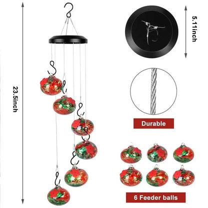 Hanging Hummingbird Feeder 6 Feeder Balls Outdoor Bird Feeder with Wind Chimes Leak-Proof Birdfeeder Patio Garden Decorations