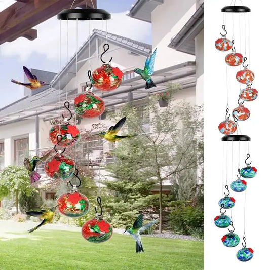 Hanging Hummingbird Feeder 6 Feeder Balls Outdoor Bird Feeder with Wind Chimes Leak-Proof Birdfeeder Patio Garden Decorations